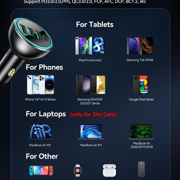 NEW 55W PD3.0 QC3.0 Super Fast Charging 4-Port Car Charger for Multiple Devices - Picture 2 of 7